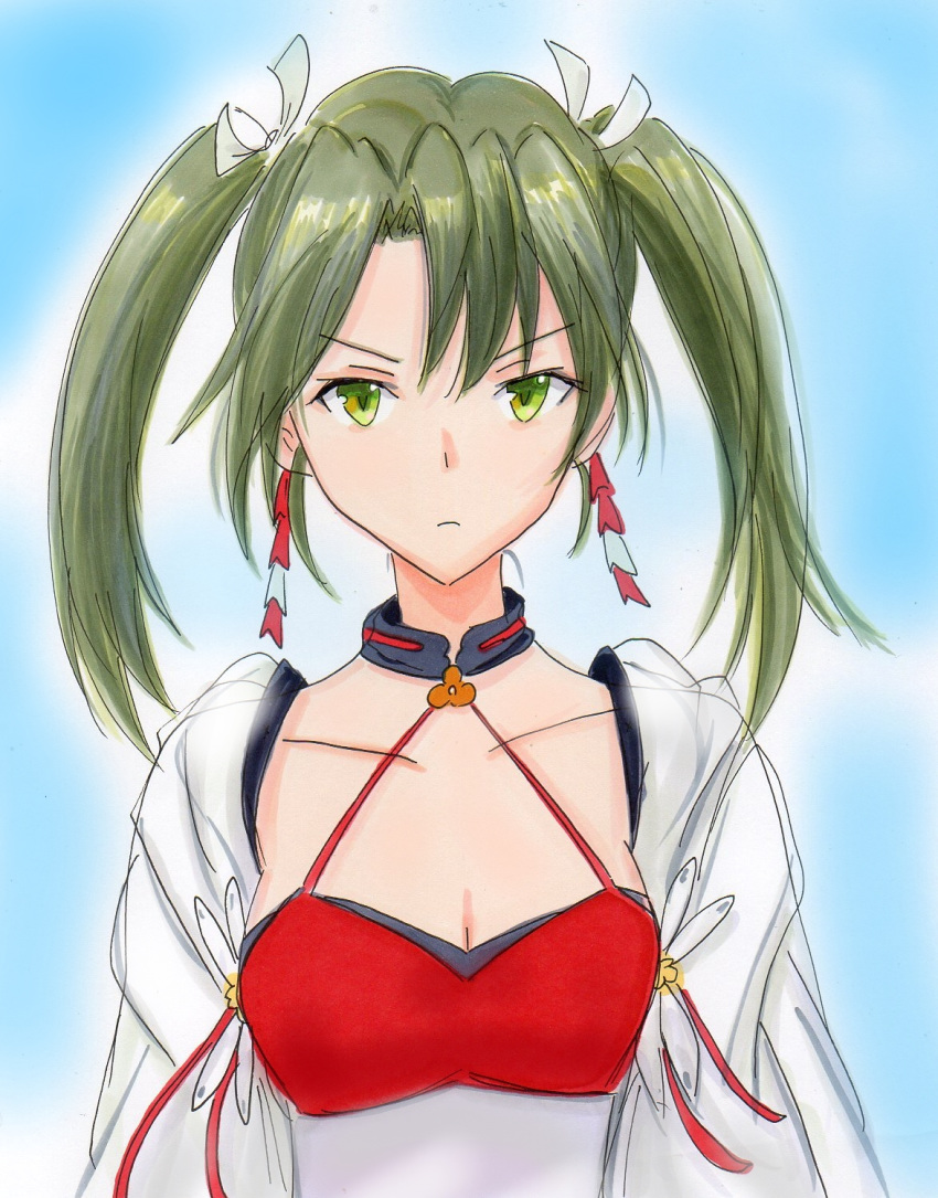 1girl alternate_breast_size azur_lane breasts cleavage cosplay green_hair hair_ribbon highres japanese_clothes kantai_collection long_hair marker_(medium) medium_breasts millipen_(medium) namesake potekite ribbon simple_background solo traditional_media twintails zuikaku_(azur_lane) zuikaku_(azur_lane)_(cosplay) zuikaku_(kantai_collection)