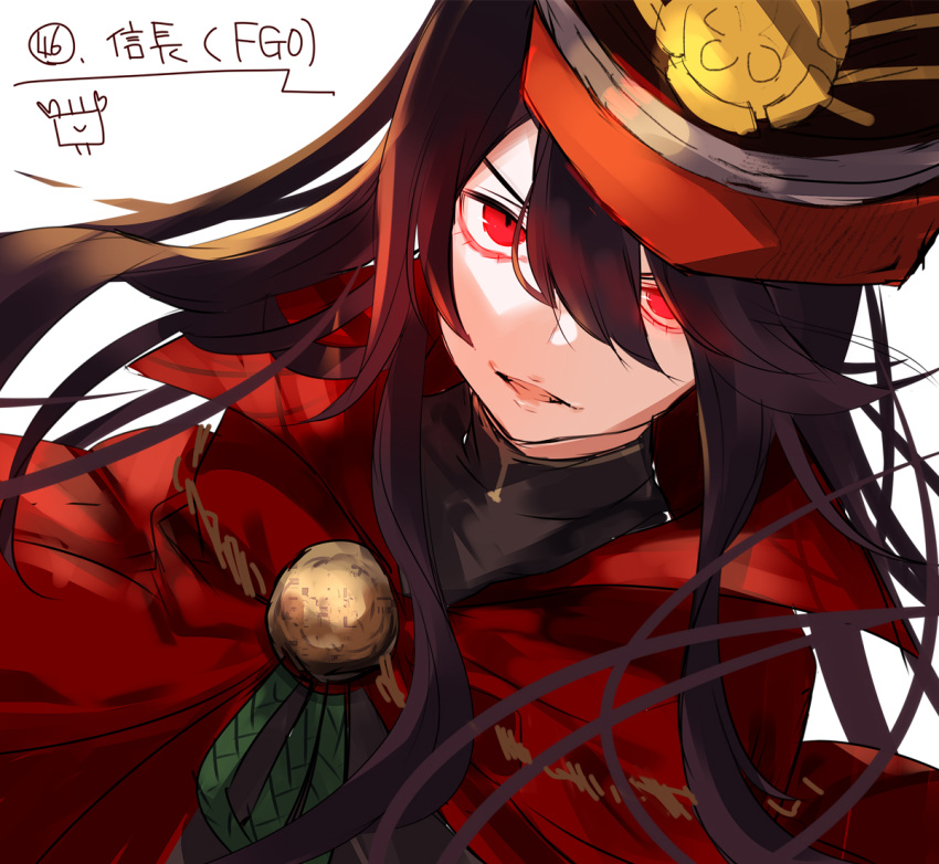 1girl bangs black_hair black_headwear black_shirt character_name cloak copyright_name dutch_angle eyebrows_behind_hair family_crest fate/grand_order fate_(series) hair_between_eyes hat koha-ace long_hair looking_at_viewer military_hat oda_nobunaga_(fate) oda_nobunaga_(fate)_(all) oda_uri parted_lips peaked_cap red_cloak red_eyes shirt simple_background solo upper_body v-shaped_eyebrows white_background yuuki_kira