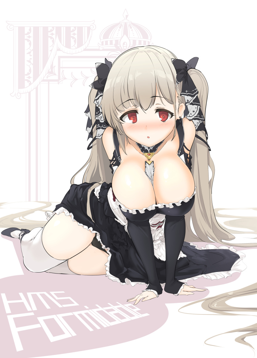 1girl absurdres arm_support azur_lane between_breasts black_dress blush breasts bright_pupils cleavage detached_sleeves dress eyebrows_visible_through_hair foreshortening formidable_(azur_lane) hair_ribbon highres large_breasts light_brown_hair long_hair lying momio parted_lips red_eyes ribbon sleeves_past_wrists solo thighhighs two_side_up very_long_hair white_legwear