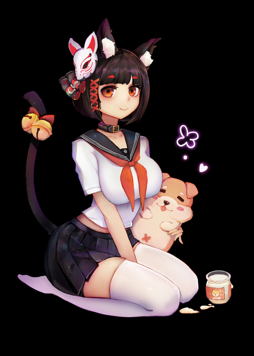 1girl absurdres animal_ear_fluff animal_ears azur_lane bell black_hair cat_ears cat_mask cat_tail collar dig highres jianshu kneeling mask mask_on_head midriff_peek red_eyes school_uniform serafuku short_hair solo tail tail_bell thick_eyebrows thighhighs white_legwear yamashiro_(azur_lane)