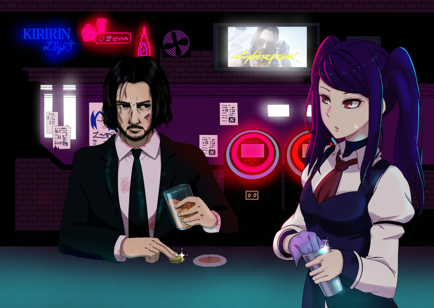 1boy 1girl absurdres alcohol allgreen bartender beard black_hair black_jacket black_neckwear coin collared_shirt crossover cup cyberpunk_2077 english_commentary facial_hair highres holding holding_cup jacket jill_stingray john_wick johnny_silverhand_(cyberpunk_2077) keanu_reeves long_hair long_sleeves necktie purple_hair red_eyes red_neckwear shirt sidelocks twintails va-11_hall-a vest white_shirt