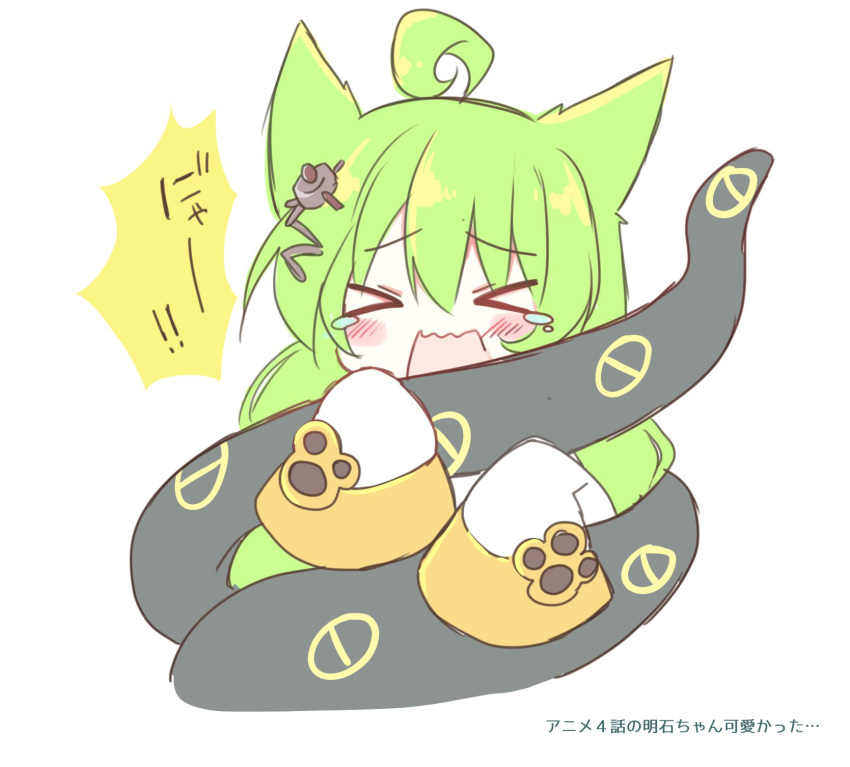 &gt;_&lt; 1girl ahoge akashi_(azur_lane) animal_ears azur_lane bangs blush cat_ears closed_eyes dress eyebrows_visible_through_hair facing_viewer green_hair hair_between_eyes hair_ornament highres long_hair long_sleeves open_mouth shikito simple_background sleeves_past_fingers sleeves_past_wrists solo tears tentacles translation_request wavy_mouth white_background white_dress