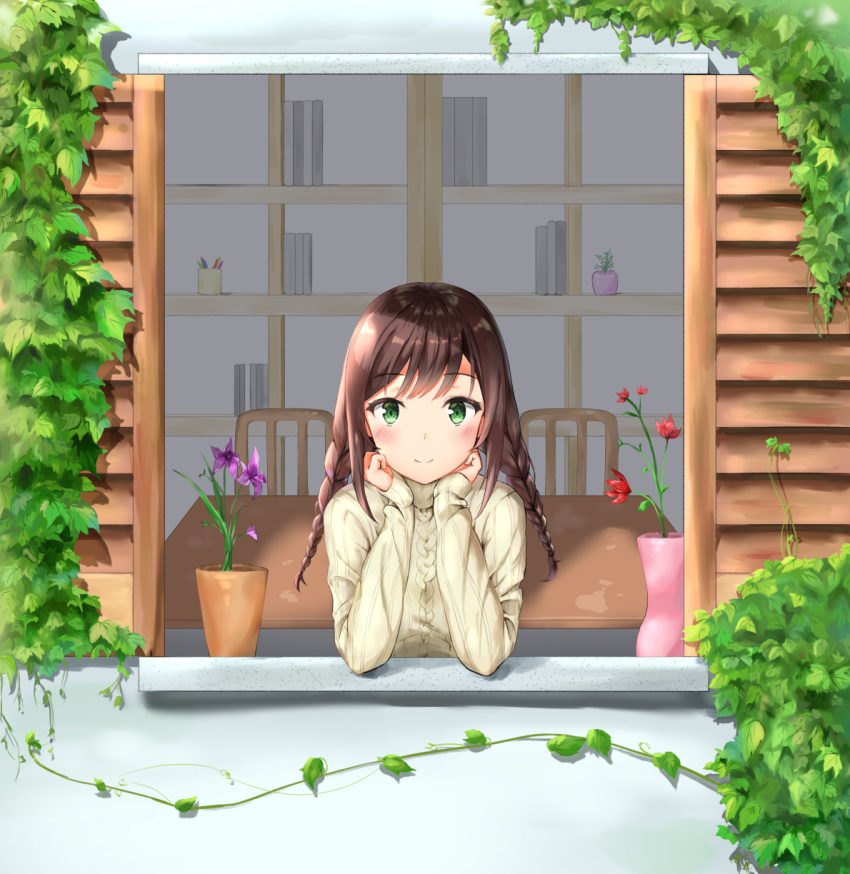 1girl bangs beige_sweater blush braid chair chin_rest commentary_request eyebrows_visible_through_hair flower from_outside green_eyes highres ivy long_hair long_sleeves looking_at_viewer looking_out_window original pink_flower qoray7 red_flower ribbed_sweater shelf sleeves_past_wrists smile solo sweater table twin_braids twintails vase window