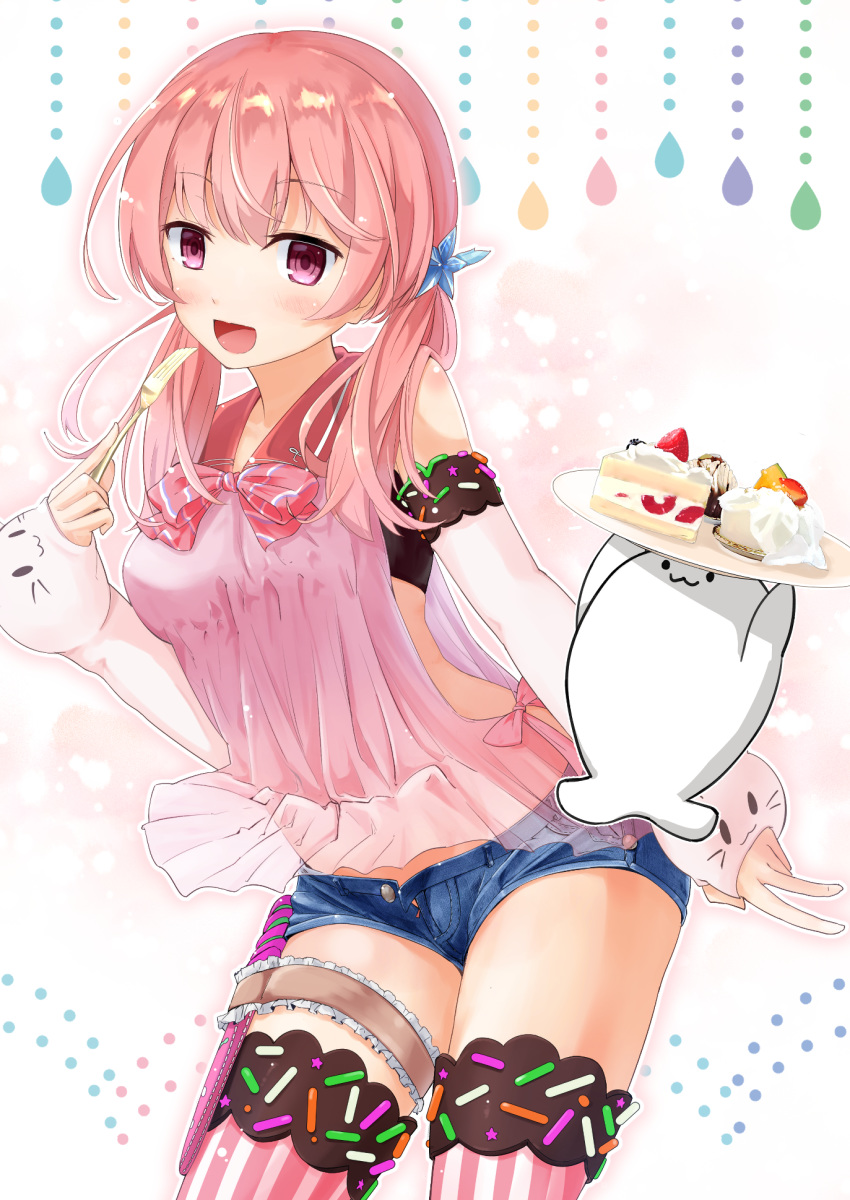 .live 1girl bangs blush breasts buttons cake cowboy_shot denim denim_shorts elbow_gloves fingerless_gloves food fork gloves hair_between_eyes hair_ornament highres holding holding_fork kitakami_futaba long_hair looking_at_viewer low_twintails medium_breasts namae_hamada open_clothes open_shorts pink_hair pink_shirt purple_eyes see-through shirt short_shorts shorts smile solo star star_hair_ornament strapless thigh_strap thighhighs thighs tubetop twintails virtual_youtuber white_gloves