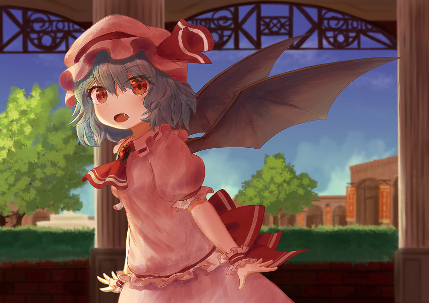 1girl absurdres arms_at_sides banner bat_wings blue_hair blue_sky brick_wall brooch cloud column commentary cowboy_shot cravat day ekaapetto fang hat hat_ribbon hedge_(plant) highres jewelry leaning_forward looking_at_viewer mob_cap open_mouth outdoors pillar pink_headwear pink_shirt pink_skirt puffy_short_sleeves puffy_sleeves red_eyes red_neckwear remilia_scarlet ribbon shirt short_hair short_sleeves skirt skirt_set sky solo touhou tree walkway wings