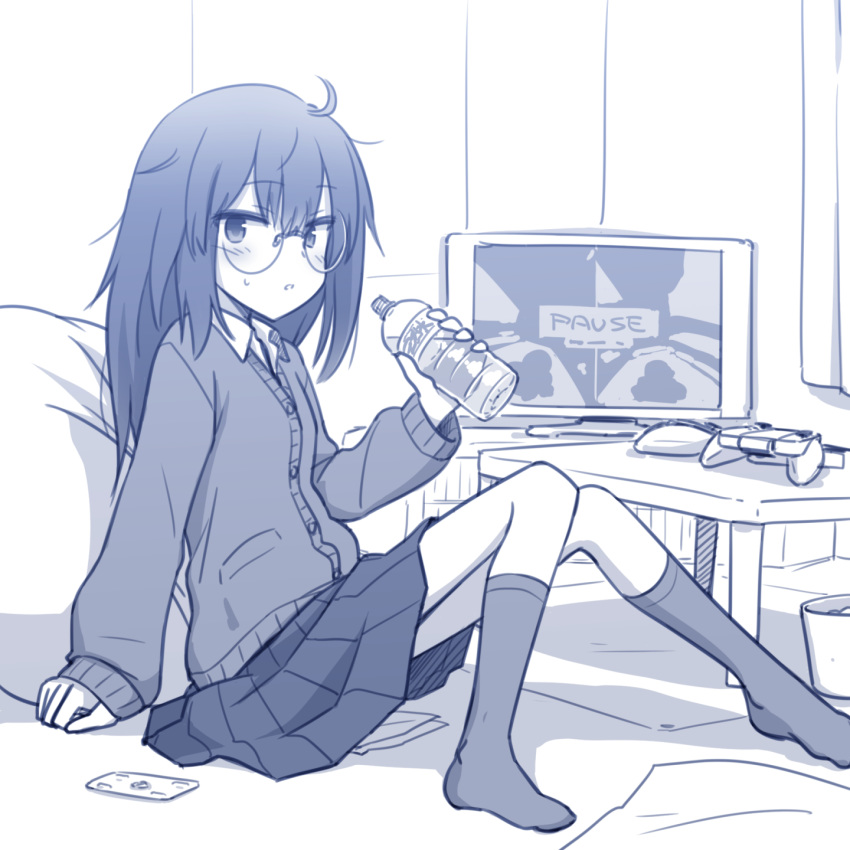 1girl ahoge bottle controller game_controller glasses highres holding ikune_juugo kneehighs limited_palette long_hair looking_at_viewer messy_hair nintendo_switch original school_uniform sitting solo