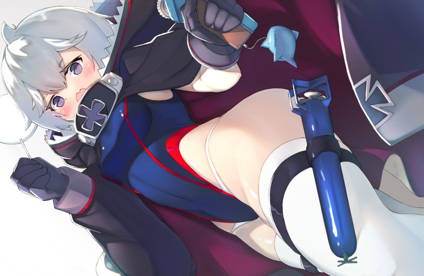 1girl ahoge azur_lane bangs black_gloves black_swimsuit blush breasts charm_(object) cloak competition_swimsuit cowboy_shot dutch_angle eyebrows_visible_through_hair fang food foreshortening from_side gloves gorget grey_eyes groin hair_between_eyes hand_up highleg highleg_swimsuit highres hip_focus holding holding_food holding_lollipop holding_water_gun hood hood_down hooded_cloak iron_cross karakushi long_sleeves looking_at_viewer one-piece_swimsuit open_mouth parted_bangs shark_hood sharp_teeth short_hair skin_fang small_breasts solo standing swimsuit teeth thigh_strap thighs torpedo u-110_(azur_lane) water_gun white_hair white_legwear wide_hips
