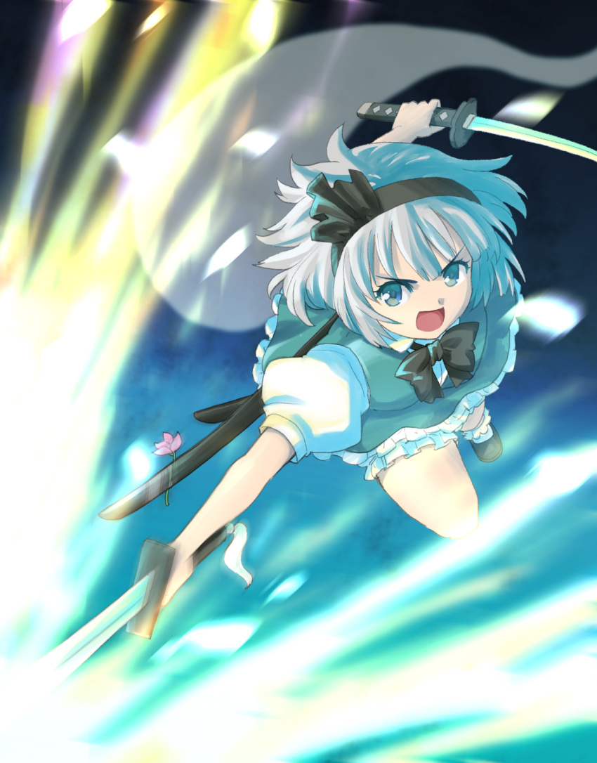 1girl blue_eyes bow commentary_request dress dual_wielding flower glowing hairband haniwa_(leaf_garden) highres holding holding_sword holding_weapon konpaku_youmu konpaku_youmu_(ghost) looking_at_viewer open_mouth perfect_cherry_blossom puffy_short_sleeves puffy_sleeves sheath shoes short_hair short_sleeves silver_hair solo sword touhou weapon