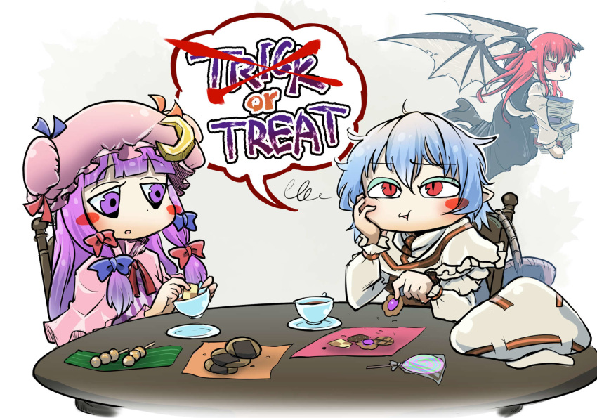 3girls bangs basket bat_wings black_dress blue_hair blunt_bangs blush blush_stickers book boots bow candy capelet carrying chair chamaji cookie crescent crescent_hair_ornament crossed_out cup curiosities_of_lotus_asia dango dress eating english_text eyebrows_visible_through_hair flying_sweatdrops food frills hair_between_eyes hair_bow hair_ornament halloween hand_on_own_cheek hat hat_removed hat_ribbon headwear_removed highres holding holding_book koakuma layered_clothing lollipop long_hair long_sleeves mitarashi_dango mob_cap multiple_girls multiple_hair_bows neck_ribbon patchouli_knowledge pointy_ears purple_eyes purple_hair red_eyes red_hair red_sclera remilia_scarlet ribbon saucer senbei short_hair sidelocks simple_background sitting slit_pupils speech_bubble squiggle striped swirl swirl_lollipop symbol-shaped_pupils table tea teacup touhou wagashi wings wrapped_candy wrapper