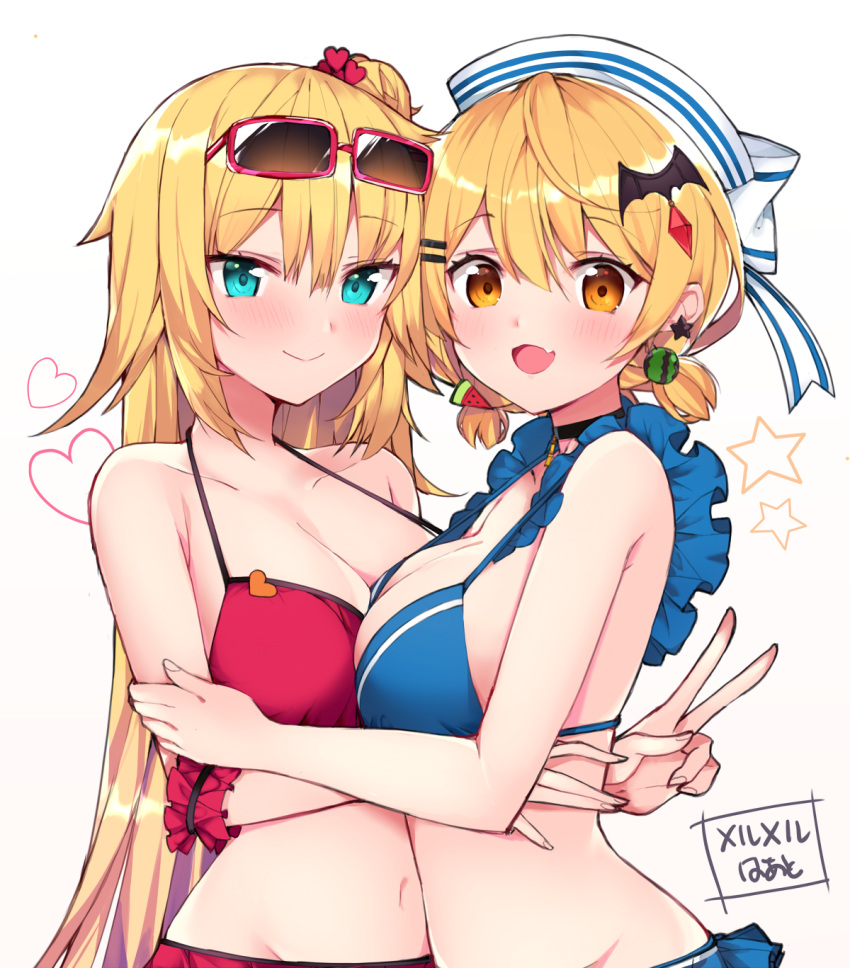 2girls akai_haato arm_scrunchie bangs bare_shoulders bat_hair_ornament bikini black_choker blonde_hair blue_bikini blue_eyes blush breast_press breasts choker cleavage collarbone earrings eyewear_on_head food_themed_hair_ornament frills from_side groin hair_bun hair_ornament halter_top halterneck haruyuki_(yukichasoba) hat heart highres hololive hug jewelry large_breasts long_hair multiple_girls navel red-framed_eyewear red_bikini sailor_hat scrunchie short_hair simple_background star star_earrings sunglasses swimsuit symmetrical_docking upper_body v very_long_hair virtual_youtuber watermelon_hair_ornament white_background yellow_eyes yozora_mel