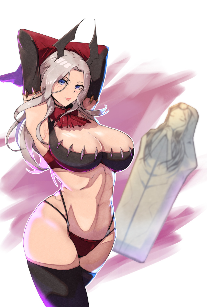 1girl armpits arms_behind_head arms_up ascot bangs bare_shoulders black_legwear black_panties blue_eyes bra breasts carmilla_(fate) cleavage detached_collar detached_sleeves fate/grand_order fate_(series) hair_ornament highleg highleg_panties highres iron_maiden large_breasts long_hair looking_at_viewer navel panties parted_bangs red_bra solo thighhighs thighs underwear white_hair zumizu