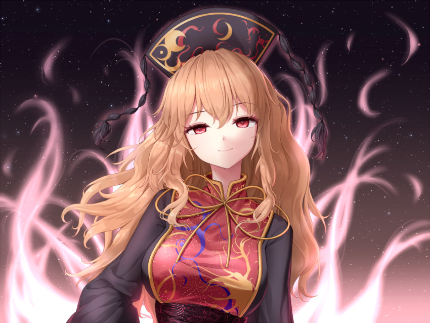 1girl aura bangs black_dress blonde_hair breasts chinese_clothes commentary dress eyebrows_visible_through_hair hat junko_(touhou) long_hair long_sleeves looking_at_viewer medium_breasts minust red_eyes sash sky smile solo star_(sky) starry_sky tabard tassel touhou upper_body wavy_hair
