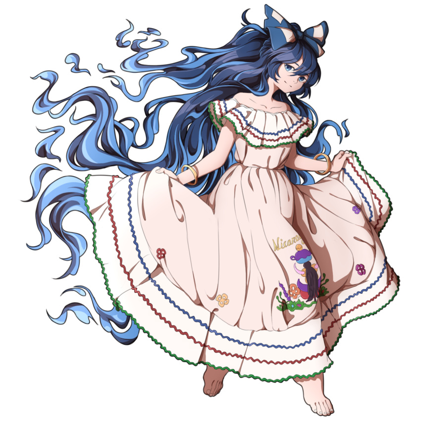 1girl alternate_costume bare_shoulders barefoot blue_bow blue_eyes blue_hair bow bracelet collarbone commentary curtsey dress feet full_body hair_bow highres jewelry long_hair looking_at_viewer mefomefo nicaragua off-shoulder_dress off_shoulder simple_background skirt_hold solo toenails toes touhou traditional_clothes very_long_hair white_background white_dress yorigami_shion