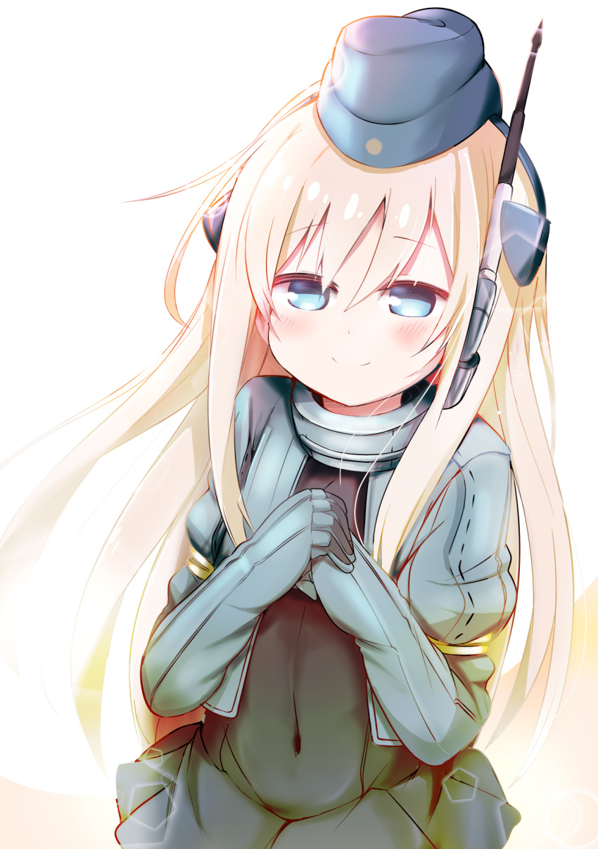 1girl bangs blonde_hair blue_eyes blush cropped_jacket eyebrows_visible_through_hair garrison_cap hairband hands_together hat highres jacket kantai_collection long_hair long_sleeves majima military military_uniform navel puffy_long_sleeves puffy_sleeves simple_background skirt smile solo swimsuit u-511_(kantai_collection) uniform wetsuit white_background
