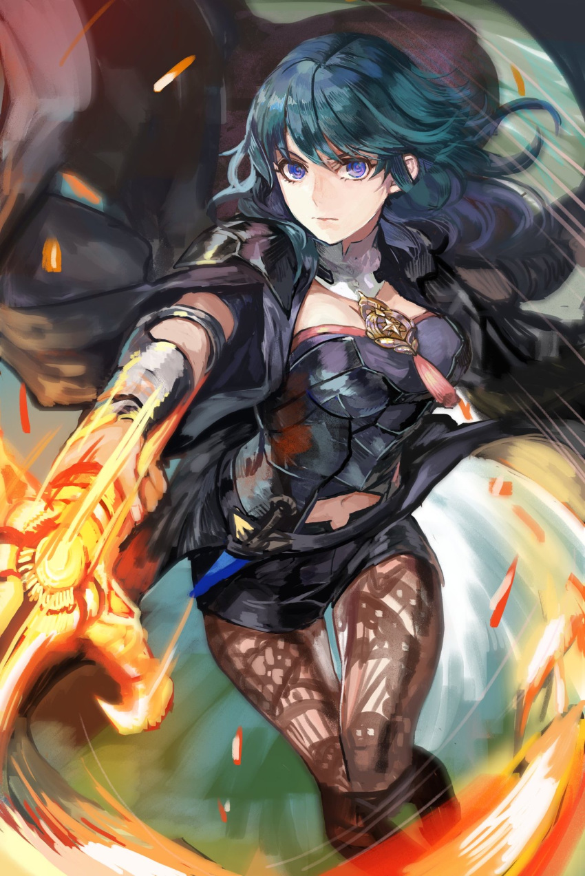 1girl armor black_shorts blue_eyes blue_hair byleth_(fire_emblem) byleth_(fire_emblem)_(female) cape closed_mouth dagger fire_emblem fire_emblem:_three_houses highres holding holding_sword holding_weapon kokouno_oyazi medium_hair pantyhose sheath sheathed short_shorts shorts solo sword weapon