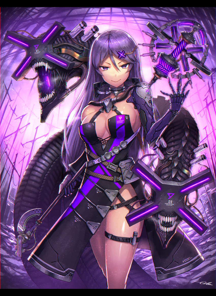 1girl belt breasts choker commentary_request cyborg dress gia hair_between_eyes hair_ornament hairclip highres holding holding_staff letterboxed long_hair looking_at_viewer mechanical_arms medium_breasts monster original purple_eyes purple_hair side_slit signature solo staff thigh_strap walking