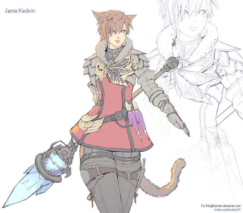 1girl animal_ears belt boots brown_hair cat_ears cat_tail chain closed_mouth collared_dress commentary commission crystal dagger facial_mark final_fantasy final_fantasy_xiv fingerless_gloves flask gloves lineart looking_to_the_side miqo'te rejean_dubois short_hair simple_background solo staff tail thigh_boots thigh_strap thighhighs tunic weapon white_background yellow_eyes zoom_layer