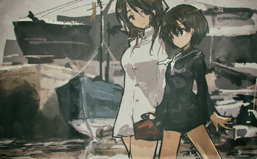 2girls black_eyes blurry blush brave_witches brown_hair depth_of_field faux_traditional_media highres kabuyama_kaigi karibuchi_hikari karibuchi_takami long_hair looking_to_the_side military military_uniform multiple_girls muted_color obentou ocean school_uniform serafuku ship short_hair siblings sisters sketch smile texture uniform walking water watercraft world_witches_series