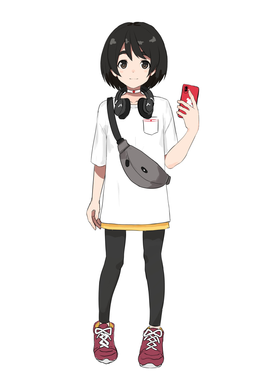 1girl absurdres alternate_costume belt_bag black_hair black_pants brown_eyes cellphone cellphone_camera choker full_body headphones headphones_around_neck highres kantai_collection kibitarou leggings looking_at_viewer maru-yu_(kantai_collection) pants phone red_footwear shirt shoes short_hair simple_background sneakers solo standing white_background white_choker white_shirt