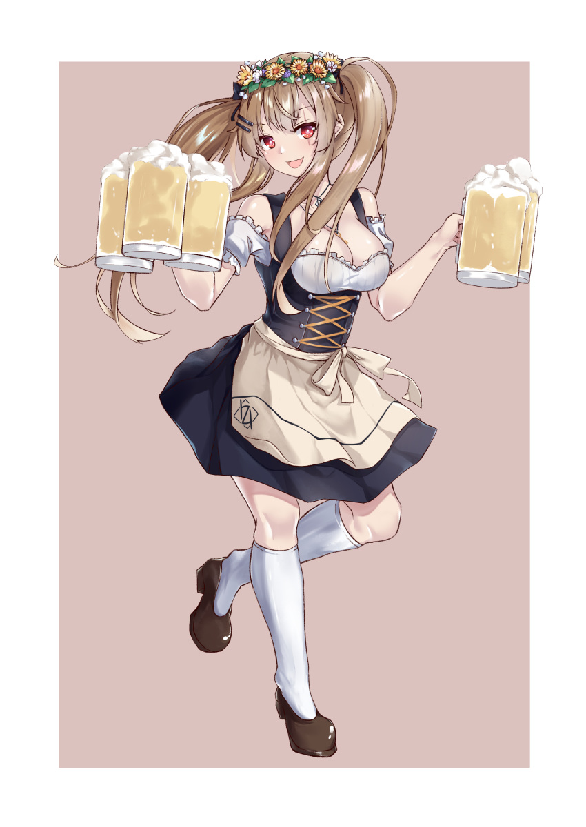 1girl 404_logo_(girls_frontline) absurdres alcohol barmaid beer beer_mug breasts brown_hair cleavage commentary_request corset dirndl flower fuyukin_chiba german_clothes girls_frontline hair_flower hair_ornament highres red_eyes scar scar_across_eye shoes socks solo twintails ump9_(girls_frontline)