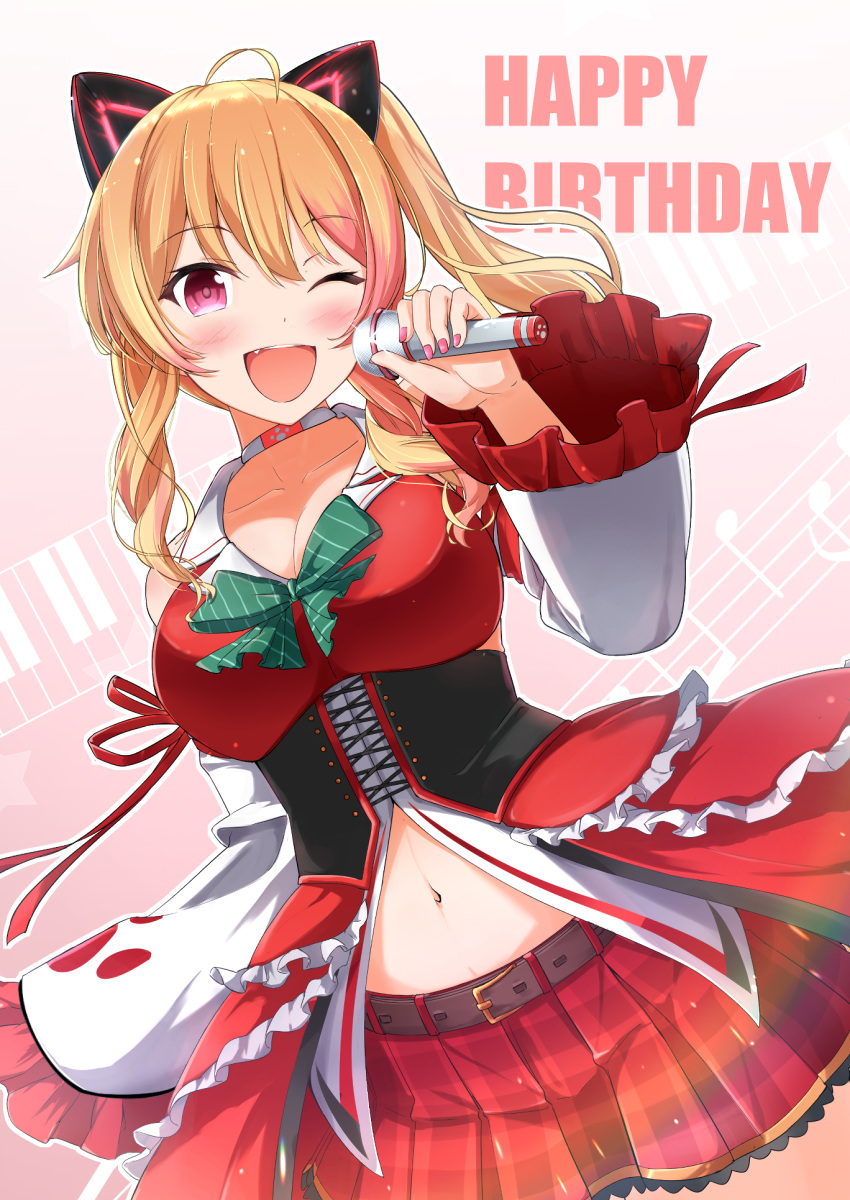 .live 1girl ;d ahoge animal_ears bare_shoulders belt blonde_hair blush bow bowtie breasts brown_belt cat_ears cleavage cowboy_shot detached_sleeves fake_animal_ears fang frills green_bow green_neckwear happy_birthday highres holding holding_microphone large_breasts long_hair microphone miniskirt multicolored_hair music namae_hamada navel nekonoki_mochi one_eye_closed open_mouth pink_hair pink_nails red_eyes red_skirt side_ponytail simple_background singing skirt smile solo streaked_hair virtual_youtuber