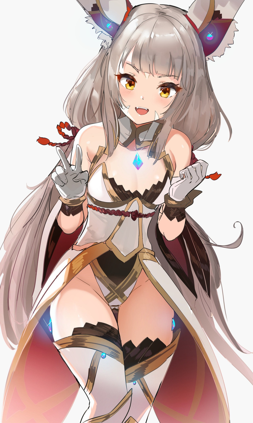 1girl absurdres animal_ears bangs bare_shoulders blunt_bangs blush breasts cat_ears coattails fangs gem gloves grey_hair highleg highleg_leotard highres leotard long_hair looking_at_viewer low_twintails medium_breasts niyah niyah_(blade) open_mouth ormille simple_background smile solo spoilers thighhighs twintails v very_long_hair white_background white_gloves white_legwear white_leotard xenoblade_(series) xenoblade_2 yellow_eyes