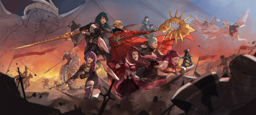 3boys 5girls armor arrow axe battle battlefield bernadetta_von_varley blue_hair blurry bow_(weapon) brown_hair byleth_(fire_emblem) byleth_(fire_emblem)_(female) cape caspar_von_bergliez depth_of_field dorothea_arnault dress edelgard_von_hresvelg ferdinand_von_aegir fire_emblem fire_emblem:_three_houses gokuhaaa green_hair highres holding holding_weapon horned_headwear horse hubert_von_vestra linhardt_von_hevring multiple_boys multiple_girls open_mouth pegasus pegasus_knight petra_macneary polearm purple_hair silver_eyes spear sword the_immaculate_one tiara weapon