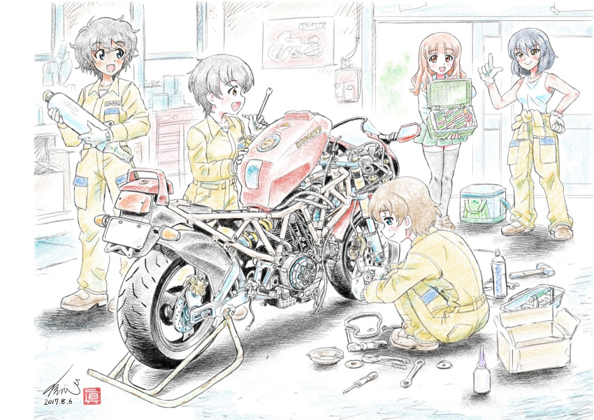 5girls artist_logo artist_name bangs black_hair black_legwear blouse blue_eyes blunt_bangs brown_eyes brown_footwear brown_hair clothes_around_waist colored_pencil_(medium) dark_skin dated ducati eyebrows_visible_through_hair freckles girls_und_panzer gloves green_eyes green_skirt ground_vehicle hand_on_hip highres hoshino_(girls_und_panzer) indoors jumpsuit kubota_shinji loafers long_hair long_sleeves looking_at_another looking_back mechanic miniskirt motor_vehicle motorcycle multiple_girls nakajima_(girls_und_panzer) ooarai_school_uniform open_mouth orange_eyes orange_hair orange_jumpsuit pleated_skirt pliers pointing pointing_up school_uniform screwdriver serafuku shirt shoes short_hair signature skirt smile squatting standing suzuki_(girls_und_panzer) takebe_saori tank_top thighhighs toolbox traditional_media tsuchiya_(girls_und_panzer) uniform white_blouse white_gloves white_shirt wrench