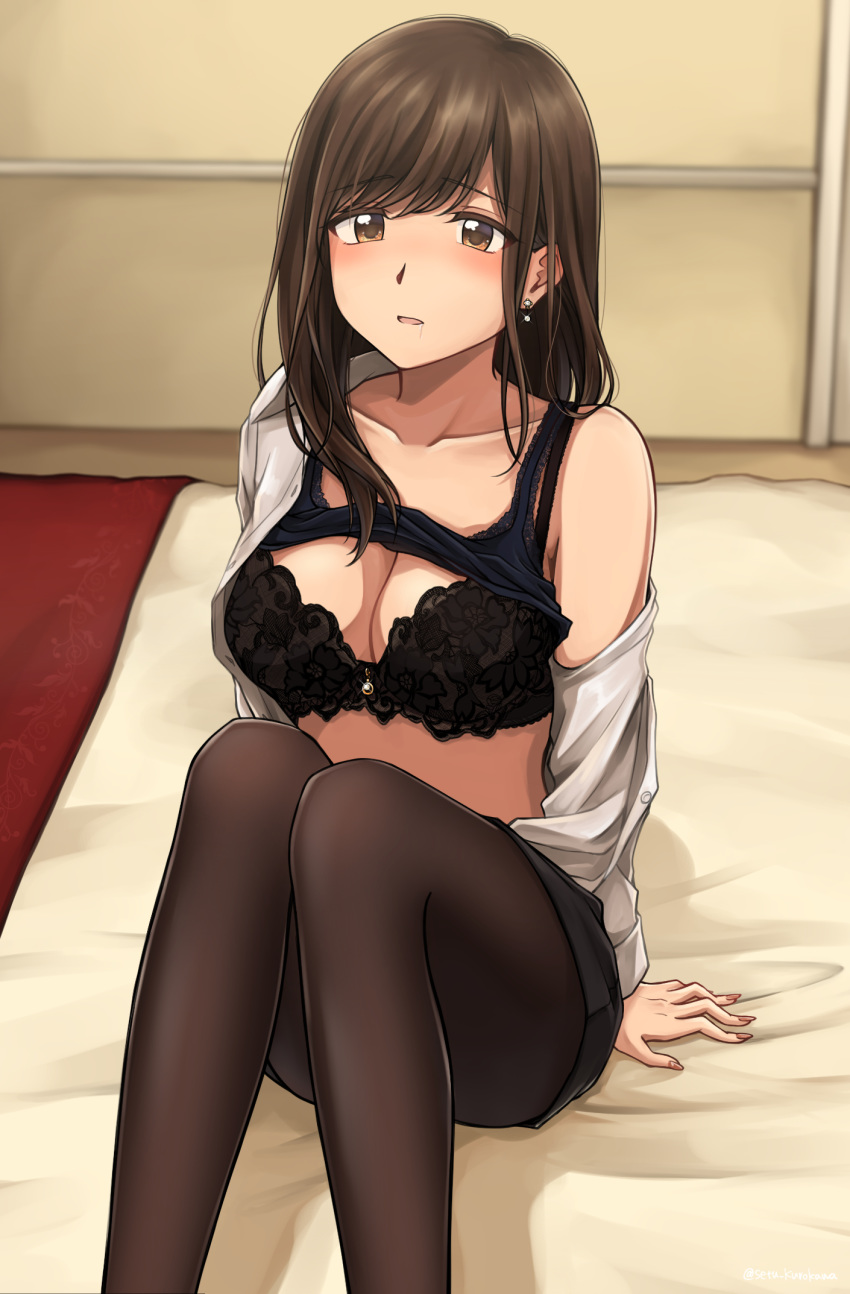 1girl bare_shoulders black_bra black_shorts bra breasts brown_eyes brown_hair brown_legwear camisole cleavage collarbone commentary earrings grey_shirt highres jewelry knees_up lace lace-trimmed_bra lingerie long_hair long_sleeves looking_at_viewer medium_breasts off_shoulder on_bed open_clothes open_shirt original pantyhose parted_lips saliva setu_kurokawa shirt shirt_lift short_shorts shorts sidelocks sitting solo undershirt underwear