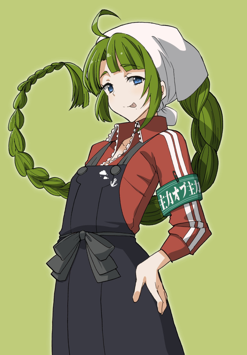 1girl absurdres ahoge anchor anchor_symbol apron armband bandana bangs black_apron blue_eyes blush braid eyebrows_visible_through_hair green_background green_hair hand_on_hip highres jacket kantai_collection long_hair long_sleeves mole mole_under_mouth red_jacket safety_pin simple_background single_braid solo sportswear tongue tongue_out track_jacket tsuji_kazuho yuugumo_(kantai_collection) zipper