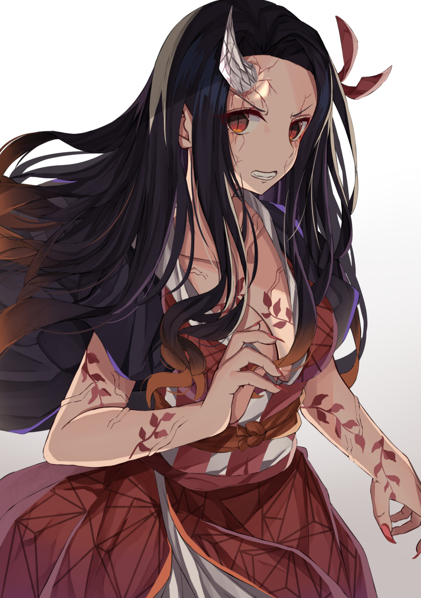 1girl absurdres bangs black_hair breasts brown_hair brown_kimono checkered cleavage clenched_teeth collarbone commentary_request fingernails forehead gradient gradient_background gradient_hair grey_background hair_ribbon highres horn japanese_clothes kamado_nezuko kimetsu_no_yaiba kimono long_fingernails long_hair looking_at_viewer medium_breasts multicolored_hair nail_polish norazura obi open_clothes parted_bangs red_eyes red_nails red_ribbon ribbon sash sharp_fingernails short_sleeves slit_pupils solo teeth veins very_long_hair white_background