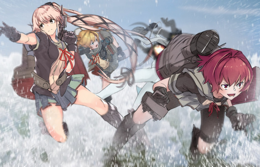 3girls abukuma_(kantai_collection) bangs bike_shorts black_gloves blonde_hair blush breasts closed_mouth double_bun gegeron gloves hair_ribbon highres kantai_collection kicking kinu_(kantai_collection) long_hair multiple_girls open_mouth outdoors pink_hair pleated_skirt red_hair red_neckwear remodel_(kantai_collection) ribbon rigging sailor_collar school_uniform serafuku shinkaisei-kan short_hair short_sleeves shorts shorts_under_skirt skirt water yura_(kantai_collection)