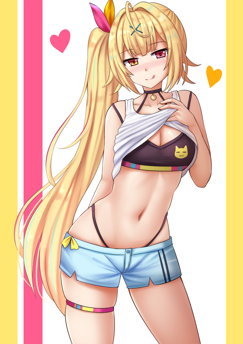 1girl :q ahoge bare_shoulders black_bra blonde_hair blue_shorts blush bra breasts cleavage closed_mouth collarbone commentary cowboy_shot crop_top hair_ornament hair_ribbon halterneck hand_up heart heterochromia highleg highres hoshikawa_sara kazenokaze large_breasts long_hair looking_at_viewer midriff multicolored_hair navel nijisanji nose_blush pink_eyes ribbon shirt shirt_lift short_shorts shorts side_ponytail skindentation sleeveless sleeveless_shirt smile solo stomach streaked_hair thigh_strap tongue tongue_out underwear very_long_hair virtual_youtuber white_shirt x_hair_ornament yellow_eyes