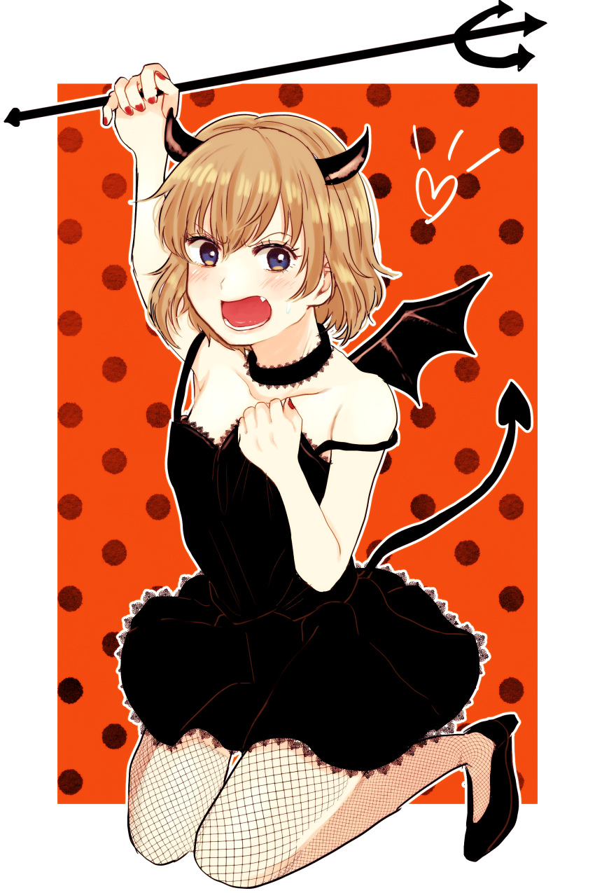 1girl absurdres angry arai_ako bangs black_choker black_dress black_footwear black_legwear black_nails blonde_hair blue_eyes blush bright_pupils choker commentary_request covering demon_horns demon_tail demon_wings dress dress_tug fang fishnet_pantyhose fishnets frown girls_und_panzer halloween_costume heart high_heels highres holding_pitchfork horns katyusha lace lace-trimmed_choker lace-trimmed_dress lace_trim looking_at_viewer nail_polish open_mouth orange_background outline outside_border pantyhose partial_commentary pitchfork polka_dot polka_dot_background short_dress short_hair solo spaghetti_strap squatting strap_slip tail white_outline white_pupils wings