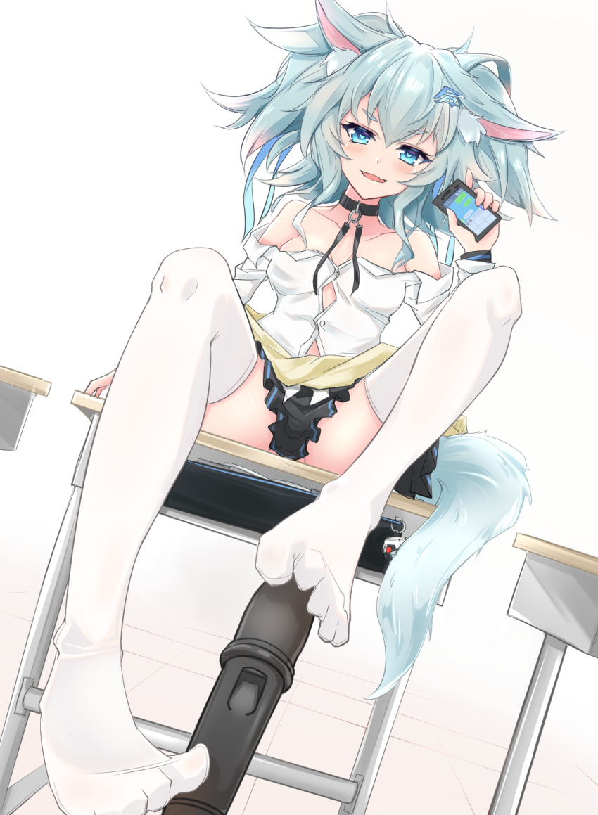 1girl :d alternate_costume animal_ears bag bangs blue_eyes blue_hair breasts cellphone choker desk fang fox_ears fox_tail girls_frontline hair_between_eyes hair_ornament hairpin heart heart-shaped_pupils heckler_kai highres looking_at_viewer mab_pa-15 off_shoulder on_desk open_mouth pa-15_(girls_frontline) phone plaid plaid_skirt school_bag school_desk school_uniform sitting sitting_on_desk skirt small_breasts smartphone smile solo symbol-shaped_pupils tail thighhighs twintails white_legwear
