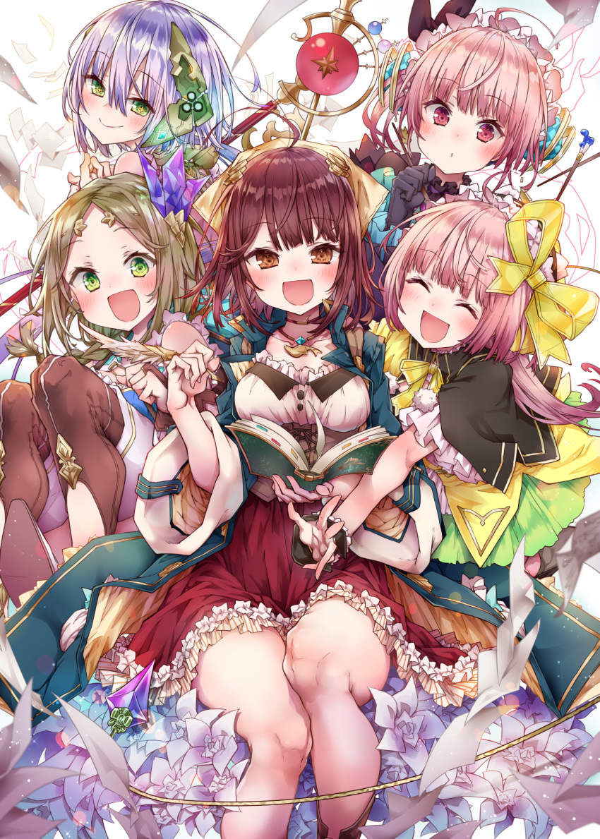 5girls :d alt atelier_(series) atelier_sophie black_gloves blue_coat blush boots bow brown_footwear brown_hair closed_eyes collared_coat firis_mistlud flower frilled_skirt frills gloves green_eyes green_skirt hair_bow headgear highres holding holding_staff long_hair lydie_marlen medium_hair medium_skirt multiple_girls open_mouth pink_eyes pink_hair plachta pleated_skirt purple_hair red_hair red_skirt short_hair siblings side_ponytail sisters skirt smile sophie_neuenmuller staff suelle_marlen thigh_boots thighhighs twins wide_sleeves yellow_bow