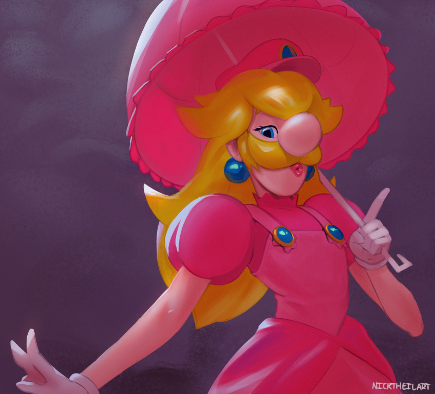 1other absurdres artist_name big_nose blonde_hair blue_eyes dress english_commentary facial_hair fusion gloves half-closed_eyes hand_up hat highres holding lips long_hair looking_at_viewer luigi mario_(series) mustache nicholas_theil open_mouth parasol pink_dress pink_headwear princess_peach puffy_short_sleeves puffy_sleeves purple_background shiny shiny_hair short_sleeves signature simple_background solo standing super_mario_bros. suspenders umbrella upper_body white_gloves