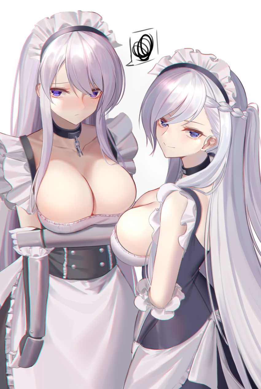 2girls alternate_costume apron azur_lane bangs belfast_(azur_lane) belfast_(azur_lane)_(cosplay) blue_eyes blush braid breasts broken broken_chain chain choker cleavage commentary_request cosplay enterprise_(azur_lane) eternity_(pixiv8012826) gauntlets highres large_breasts long_hair look-alike maid maid_apron maid_headdress multiple_girls purple_eyes silver_hair smile squiggle tagme very_long_hair