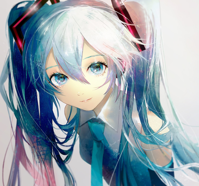 1girl aqua_eyes aqua_hair bare_shoulders blue_hair blue_neckwear blush breasts collared_shirt commentary detached_sleeves hair_ornament hatsune_miku headphones headset highres leaning_forward long_hair looking_at_viewer necktie osushimanchan shirt sleeveless sleeveless_shirt smile solo twintails upper_body very_long_hair vocaloid