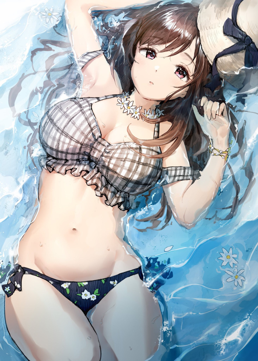 1girl armpits arms_up bangs bare_shoulders bikini_bottom blush bracelet breasts brown_hair cleavage floral_print flower flower_necklace grey_bikini_top hat highres idolmaster idolmaster_shiny_colors jewelry large_breasts long_hair looking_at_viewer lying navel necklace on_back pink_eyes solo sun_hat swept_bangs takeashiro thighs tsukioka_kogane water