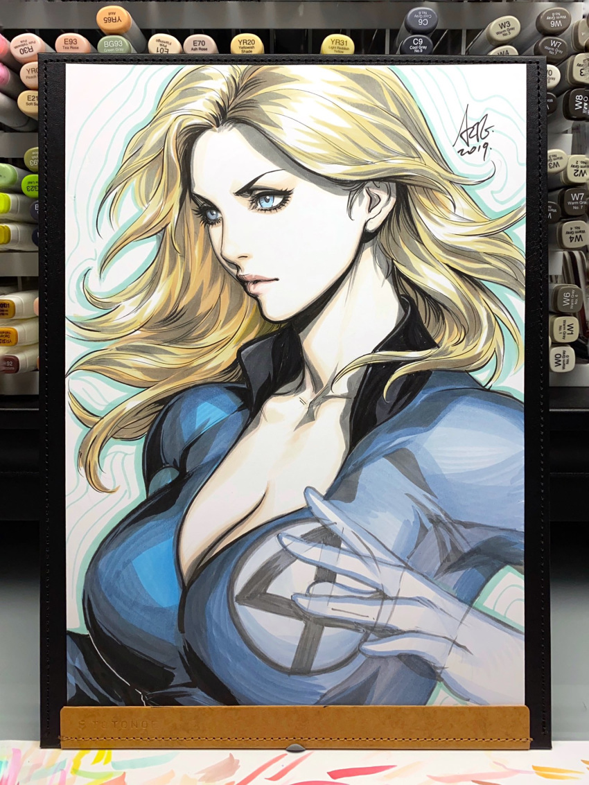 1girl blonde_hair blue_bodysuit blue_eyes bodysuit breasts cleavage collarbone english_commentary fantastic_four from_side highres large_breasts long_hair open_bodysuit pink_lips signature solo stanley_lau sue_storm superhero