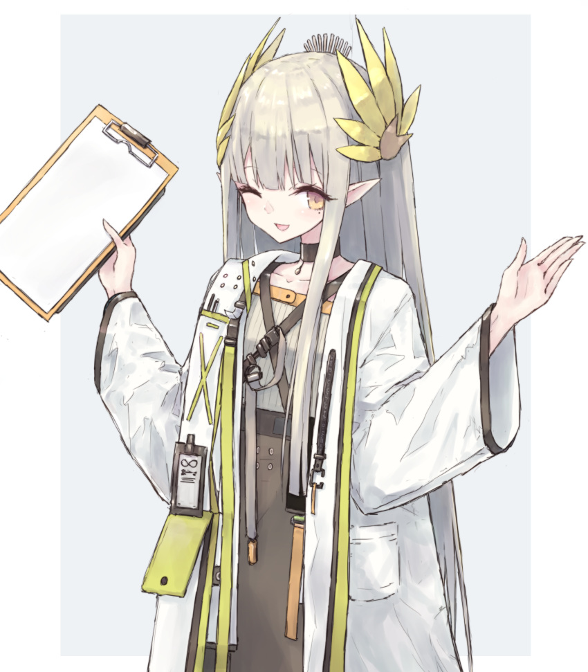 1girl ;d absurdres arknights bangs blunt_bangs border brown_eyes buran_(kure) character_request choker clipboard coat commentary_request cowboy_shot eyebrows_visible_through_hair grey_background grey_hair hands_up headdress highres holding long_hair long_sleeves looking_at_viewer mole mole_under_eye one_eye_closed open_clothes open_coat open_mouth outside_border pointy_ears smile solo two-tone_background very_long_hair white_background white_border wide_sleeves yellow_eyes