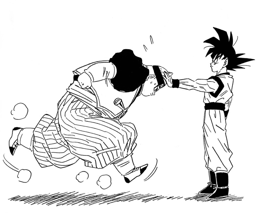 2boys android_19 baggy_pants clenched_hand dougi dragon_ball dragon_ball_z dust_cloud flying_sweatdrops hand_on_another's_head hat highres lee_(dragon_garou) male_focus monochrome motion_lines multiple_boys muscle pants pushing son_gokuu sweat wristband