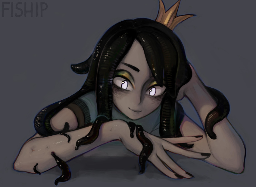 1girl artist_name black_hair black_nails commentary crown elbow_rest english_commentary grey_background grey_skin highres leech leech_queen_(matilda_fiship) matilda_fiship mini_crown monster_girl nail_polish original short_sleeves simple_background smile solo tentacle_hair white_eyes