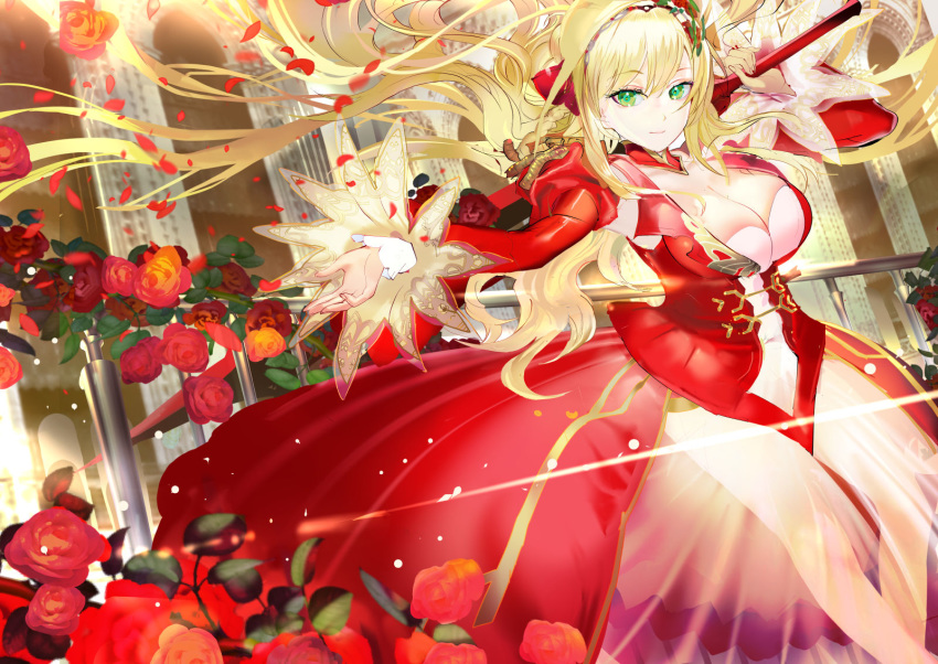 119 1girl aestus_domus_aurea aestus_estus blonde_hair breasts cleavage dress fate/extra fate_(series) flower green_eyes hairband highres holding holding_sword holding_weapon light_smile long_hair looking_at_viewer nero_claudius_(fate) nero_claudius_(fate)_(all) outstretched_arm over_shoulder red_dress rose see-through solo sword very_long_hair weapon weapon_over_shoulder