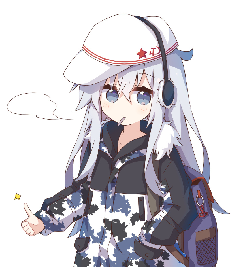 1girl absurdres alternate_costume blue_eyes blush camouflage camouflage_jacket collarbone earmuffs eyebrows_visible_through_hair fur_trim hair_between_eyes hammer_and_sickle hand_in_pocket hibiki_(kantai_collection) highres jacket kantai_collection long_hair long_sleeves silver_hair simple_background solo thumbs_up verniy_(kantai_collection) white_background white_headwear yoshinao_(yoshinao_0203)