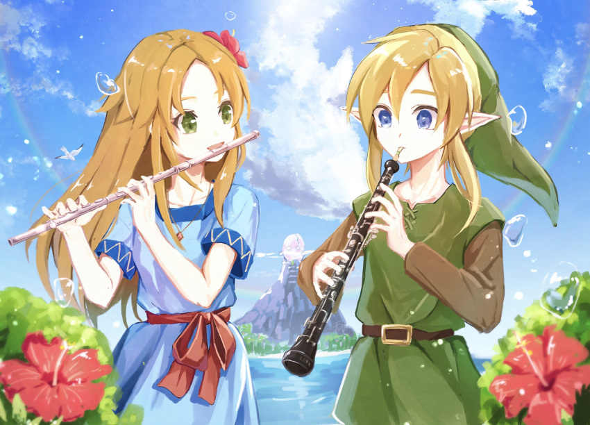 1boy 1girl :d bangs belt belt_buckle bird blonde_hair blue_dress blue_eyes buckle character_name cloud collarbone commentary_request cowboy_shot day dress flower flute green_eyes green_headwear hair_flower hair_ornament hibiscus highres instrument jewelry link long_hair long_sleeves marin_(the_legend_of_zelda) mountain music necklace oboe ocean open_mouth orange_hair outdoors parted_bangs pendant playing_instrument pointy_ears red_flower red_ribbon ribbon seagull short_sleeves sidelocks smile tete_tuyuten the_legend_of_zelda the_legend_of_zelda:_link's_awakening tunic water water_drop windfish's_egg