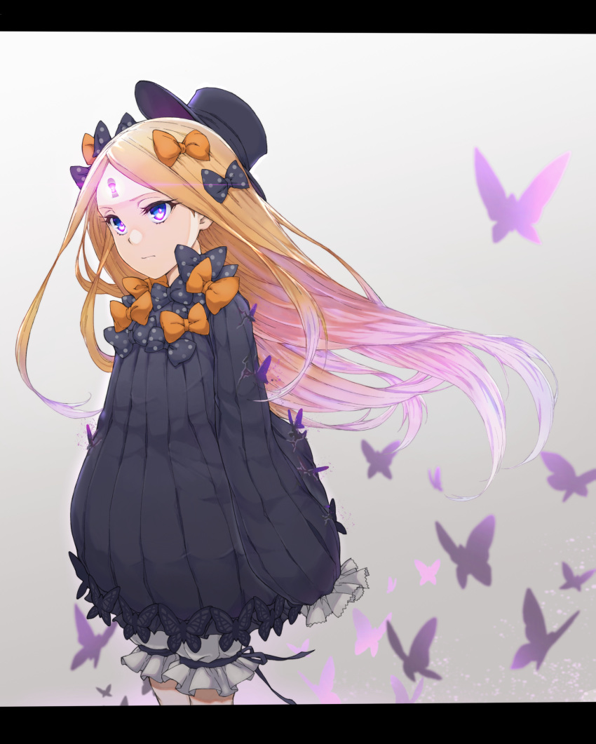 1girl abigail_williams_(fate/grand_order) absurdres bangs black_bow black_dress black_headwear blonde_hair bloomers blue_eyes bow bug butterfly commentary_request cowboy_shot dress fate/grand_order fate_(series) floating_hair glowing grey_background hair_bow hat highres insect keith8387 keyhole letterboxed long_hair long_sleeves looking_away multiple_bows multiple_hair_bows orange_bow parted_bangs polka_dot polka_dot_bow sleeves_past_fingers sleeves_past_wrists solo underwear very_long_hair white_bloomers