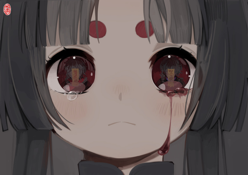 1girl bangs black_hair blood bloody_tears braid braided_ponytail close-up closed_mouth crying face frown grey_hair jiangshi looking_at_viewer mia0309 ofuda onii-chan_wa_zonbida original red_eyes reflection reflective_eyes short_eyebrows sidelocks single_braid solo streaming_tears tears twintails