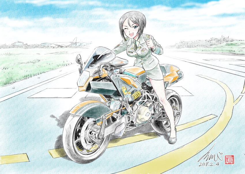 1girl ;d aircraft airplane airport artist_logo artist_name bangs black_eyes black_footwear black_hair black_neckwear blue_sky chouno_ami cloud cloudy_sky colored_pencil_(medium) commentary dated day dress_shirt flats girls_und_panzer green_jacket green_shirt green_skirt ground_vehicle highres jacket japan_ground_self-defense_force japan_self-defense_force kubota_shinji long_sleeves looking_at_viewer military military_uniform miniskirt motor_vehicle motorcycle necktie one_eye_closed open_mouth outdoors pantyhose pencil_skirt riding shadow sheer_legwear shirt shoes short_hair signature skirt sky smile solo swept_bangs thumbs_up traditional_media uniform